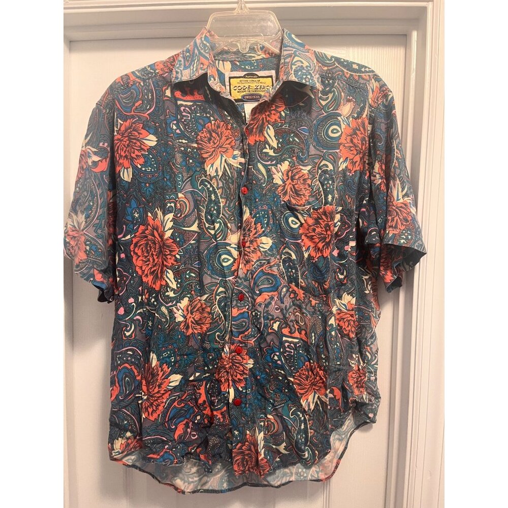 Code Zero Vintage Mens Floral Blue button Front shirt Sz small